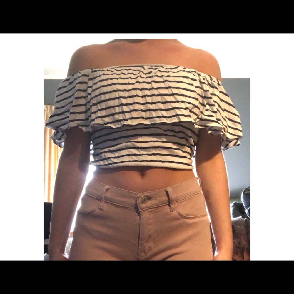 striped off the shoulder crop top.